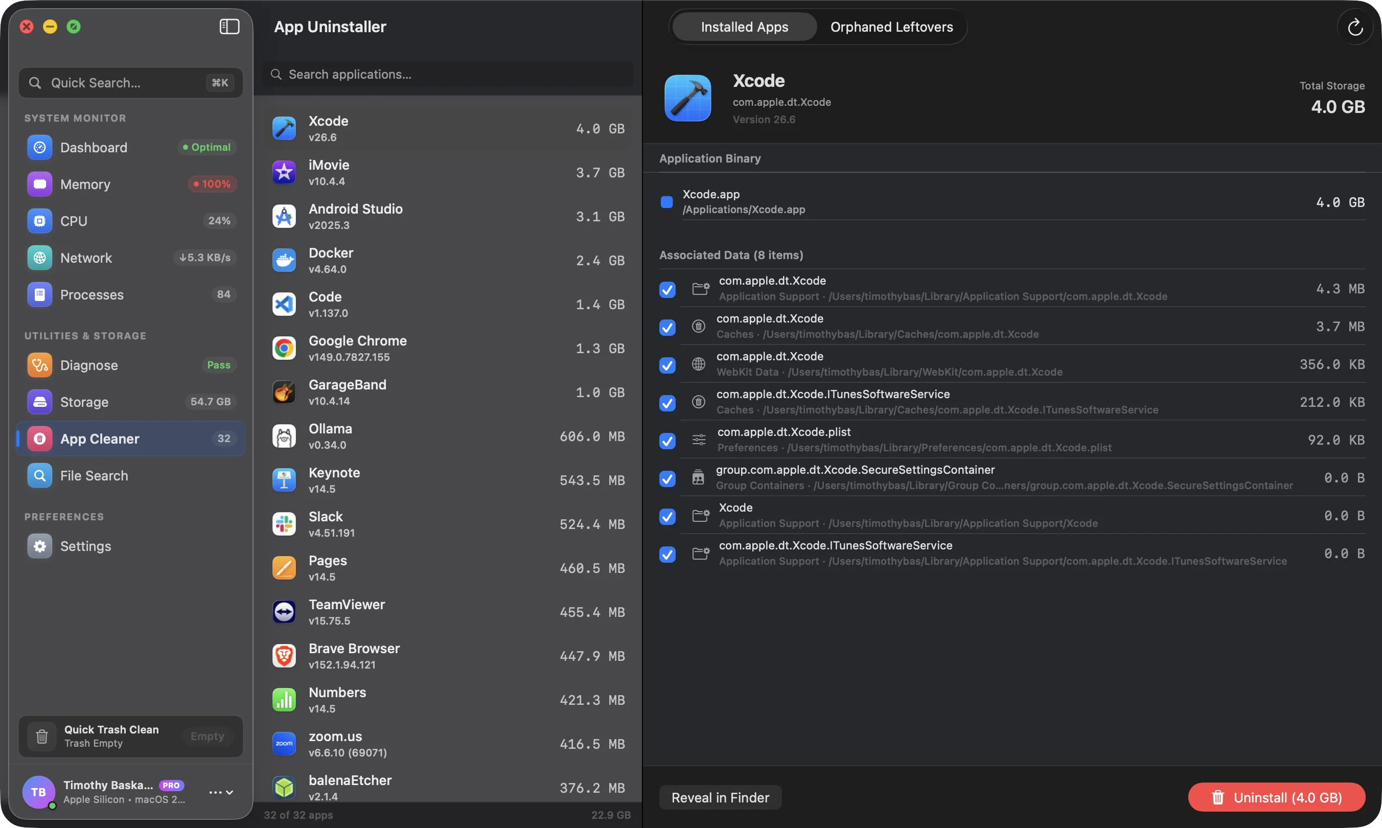 MacSentinel Smart Care deep cleaning scan showing Xcode, Docker, and application caches