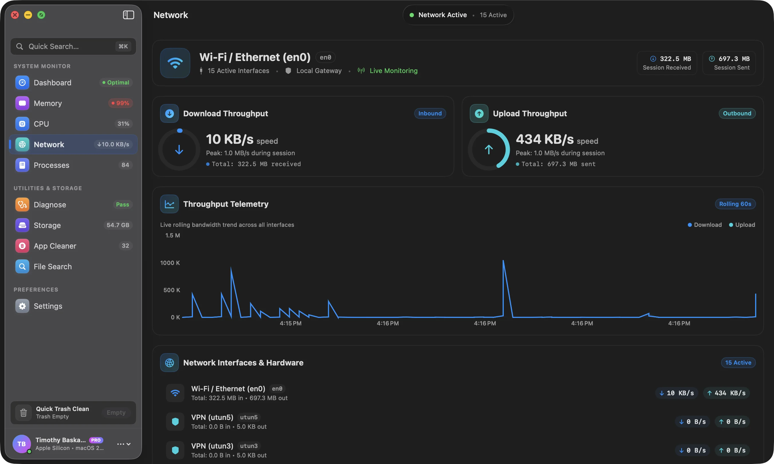 MacSentinel Live Socket Network Telemetry throughput monitoring